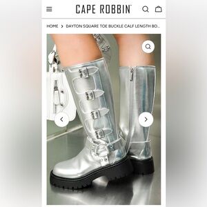 Cape Robbin Dayton Square Toe Buckle Calf Length Boots in Silver